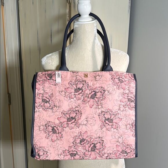 Victoria's Secret Handbags - Victoria's Secret Pink Floral Tote with Dark Gray/Grey and Black Trim